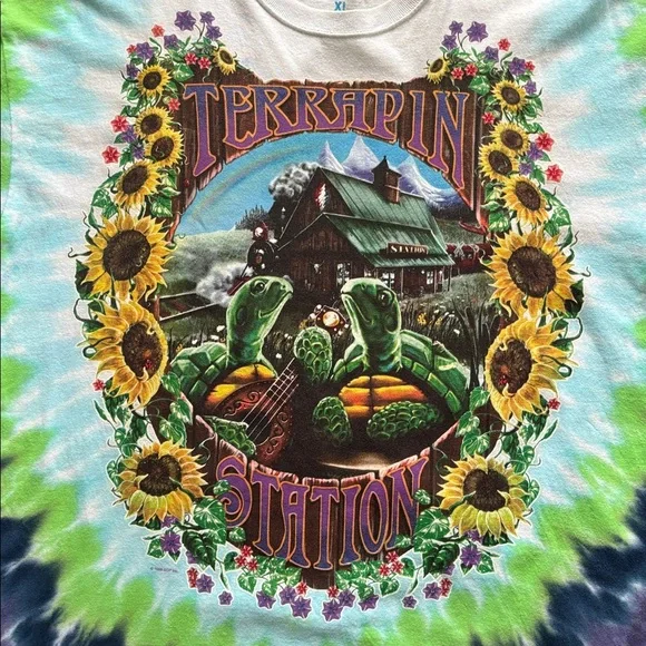 Vintage 90s Grateful Dead Liquid Blue Tie-Dye Terrapin Station Graphic Band Tee - Picture 2 of 8